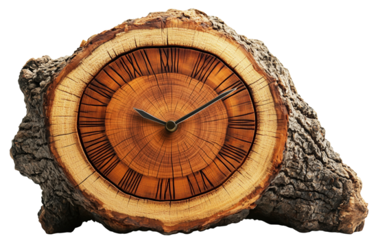 Wooden clock with Roman numerals is crafted from tree trunk, showcasing natural rings and bark., isolated