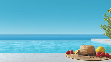 Obraz premium Summer Serenity: A picturesque scene unfolds by the pool, featuring a straw hat, sunglasses, and a collection of fresh fruit, capturing the essence of relaxation.