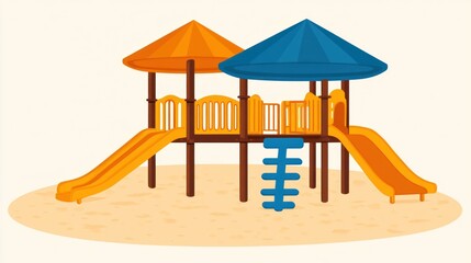 Colorful Playground Structure with Slides and Climbing Ladder on Sand