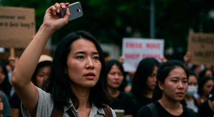 Asian woman holding phone while participating in protest crowd  