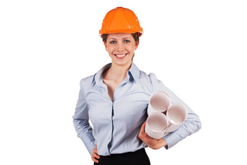 Woman in a helmet with construction plans.