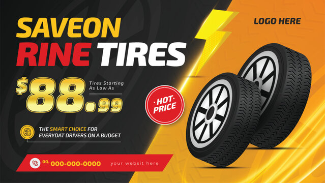 Tyre Store Banner Design. Black rubber tire landscape advertisement.