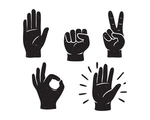 Obraz premium Silhouette Vector Hand Gesture Icon Set with Peace and OK Signs