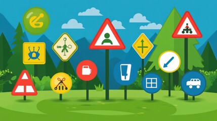 Colorful Road Signs in a Scenic Landscape: Flat Design Illustration