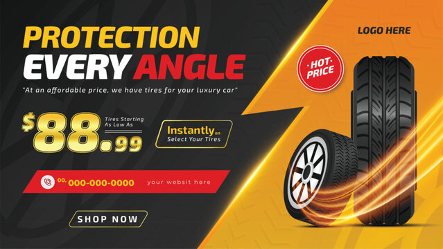Tyre Store Banner Design. Black rubber tire landscape advertisement.