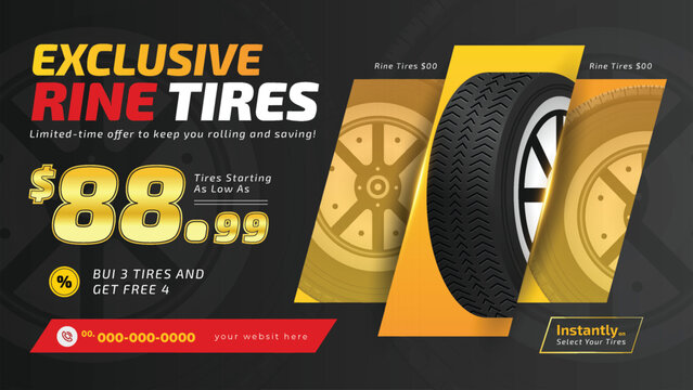 Tires car advertisement poster with discount offer. Black rubber tire landscape advertisement.
