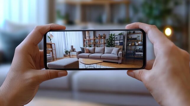 A person using their smartphone to visualize how furniture would look in their home using AR