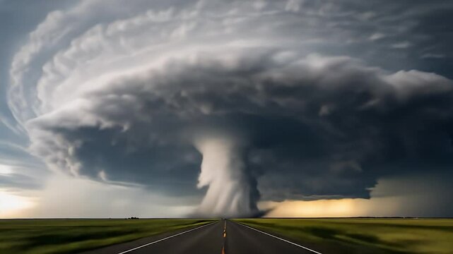 Powerful Tornado Storm Supercell Funnel Over Rural Road