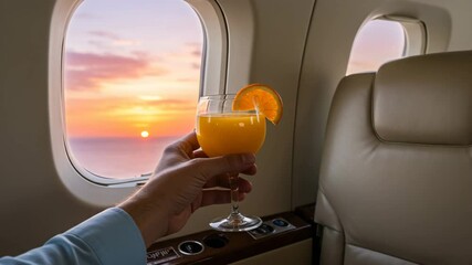 Hand holding a cocktail glass with sunset view from airplane window  