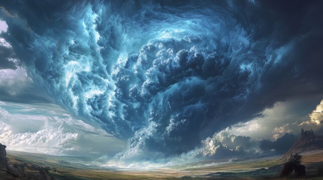 Sculpted super-cell, mesocyclone thunderstorm clouds drifting across the landscape