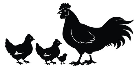 Hen Chicken Rooster Chicks Silhouette Set Vector