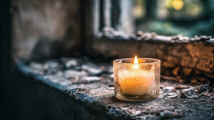 Candle illuminates on aged windowsill in weathered abandoned building interior