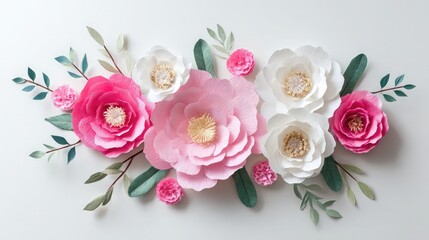 Paper Peony Bloom Pink with White, and and Green Elegance.