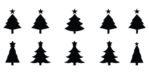 10 Christmas Tree Icons Silhouettes In Black Color