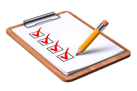 Organized Checklist, Wooden Clipboard with Red Ticks & Yellow Pencil, isolated on transparent background. PNG file, cut out