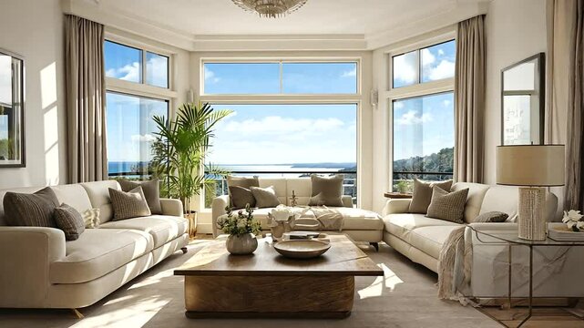 Modern living room with large windows showcasing a scenic view of the ocean and sky