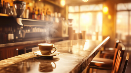 Elegant Coffee Bar Banner - Ambient Light, Minimalist Luxury, Warm Espresso, Cream & Gold Tones, Modern Cups, Marble Texture