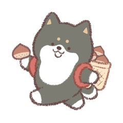 栗拾いをする黒柴犬