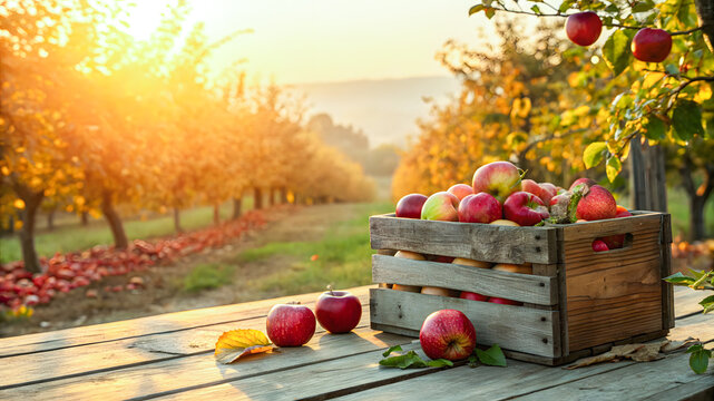 freshly picked apples in a basket at the apple orchard
