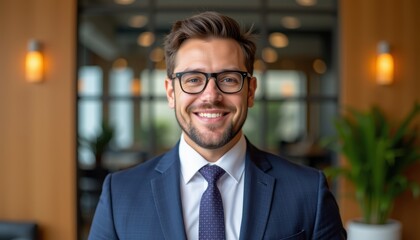 Fototapeta premium Confident businessman smiling in a modern office setting.
