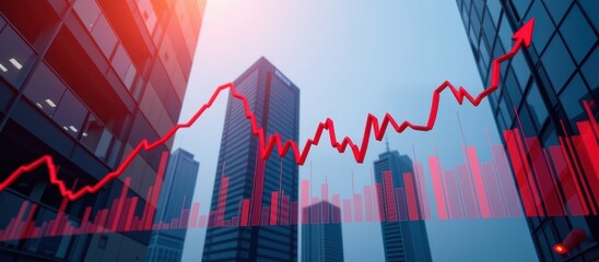 Fototapeta premium Dynamic city skyline with financial growth visualization overlay.