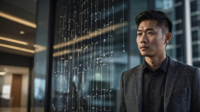 Asian man using facial recognition in modern smart office