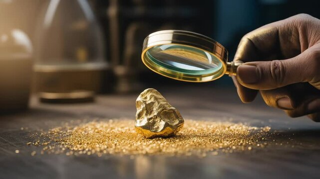 Close up of gold nugget under magnifying glass on dark wooden surface with gold dust around it