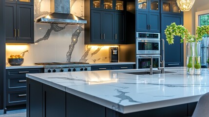 A refined, modern kitchen with sleek black cabinets and luxurious marble countertops