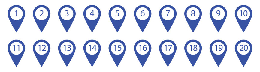 Location pin with numbers icon set. Red map markers with numbers in eps 10.
