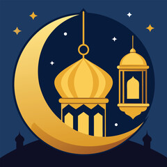Ramadan vector with golden lantern, crescent moon, and mosque silhouette..eps