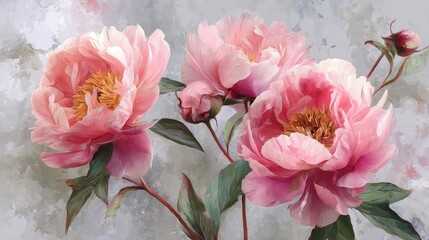 Fototapeta premium Pink Peony Bouquet Watercolor Floral Art Soft with Elegant Blossoms.