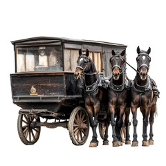 Three black horses pulling antique carriage old transport historical vehicle
