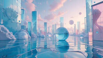 A serene vista unfolds featuring glass skyscrapers, reflective water, floating spheres, and a soft pastel sky creating a dreamlike architectural scene.