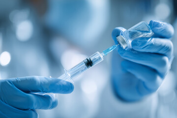 Close-up of a doctor's hands wearing blue gloves, holding a syringe with a clear liquid,