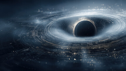 A mesmerizing digital rendering of a black hole singularity, featuring a luminous swirling accretion disk and futuristic data-like textures against a dark cosmic backdrop.