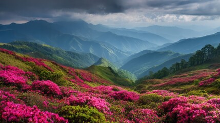 Fototapeta premium Rhododendron Bloom Lush Mountain Vista under Dramatic Skies with China.