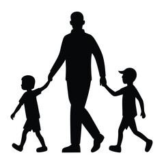 Silhouette of a Father Walking with His Two Young Sons Holding Hands