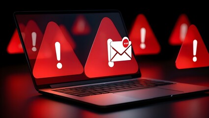 Laptop Screen Warning: Urgent Email Alert, Red Warning Triangles, Cybersecurity Threat, Dark Mood.