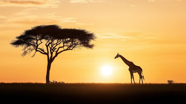african giraffe standind alone in savanna grassland during sunset