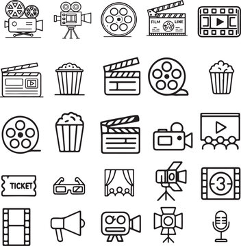 Movie & Film Line Icons Pack   Cinema, Camera, Reel, Clapper, Popcorn