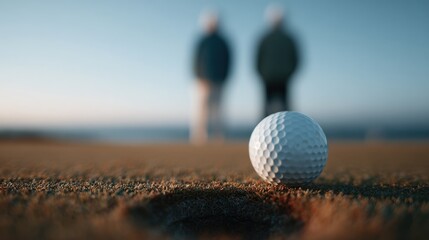 Couple enjoying a round of golf on a sunlit green while focusing on their next shot. National Golf Month