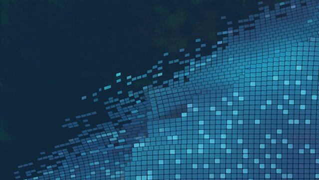 Diagonal pixel gradient shifting from bright azure to dark navy in a minimalist tech background with binary data effect
