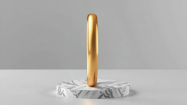 A shiny golden ring standing upright on a round marble pedestal against a minimal gray background.