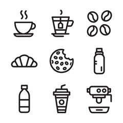 Collection of nine simple black line art icons representing breakfast and beverage items including coffee cup tea cup coffee beans croissant cookie water bottle takeaway cup and coffee machine isolate