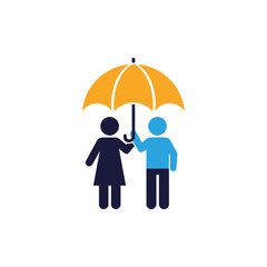 Abstract minimalist illustration of a man and woman under a protective yellow umbrella symbolizing insurance security safety and care on a white background clean graphic icon style