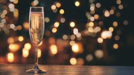 Golden champagne flute with bubbling drink, sparkling lights; celebration and luxury in a festive moment.