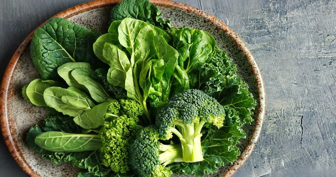 Fresh assortment of leafy greens and broccoli on a rustic plate against a textured background
