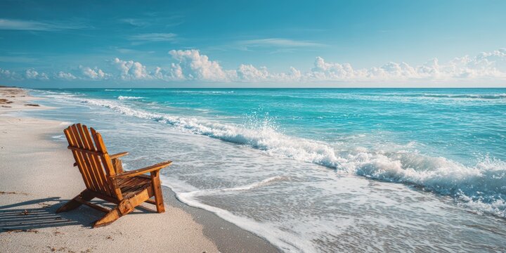 Wooden Adirondack chair on sandy beach near ocean waves