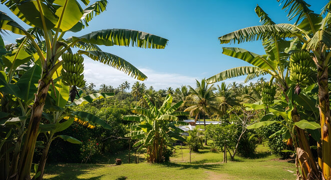 Scenic tropical landscape with banana and coconut palm trees under a clear blue sky.