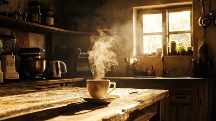 A rustic kitchen with dim lighting and a steaming coffee cup